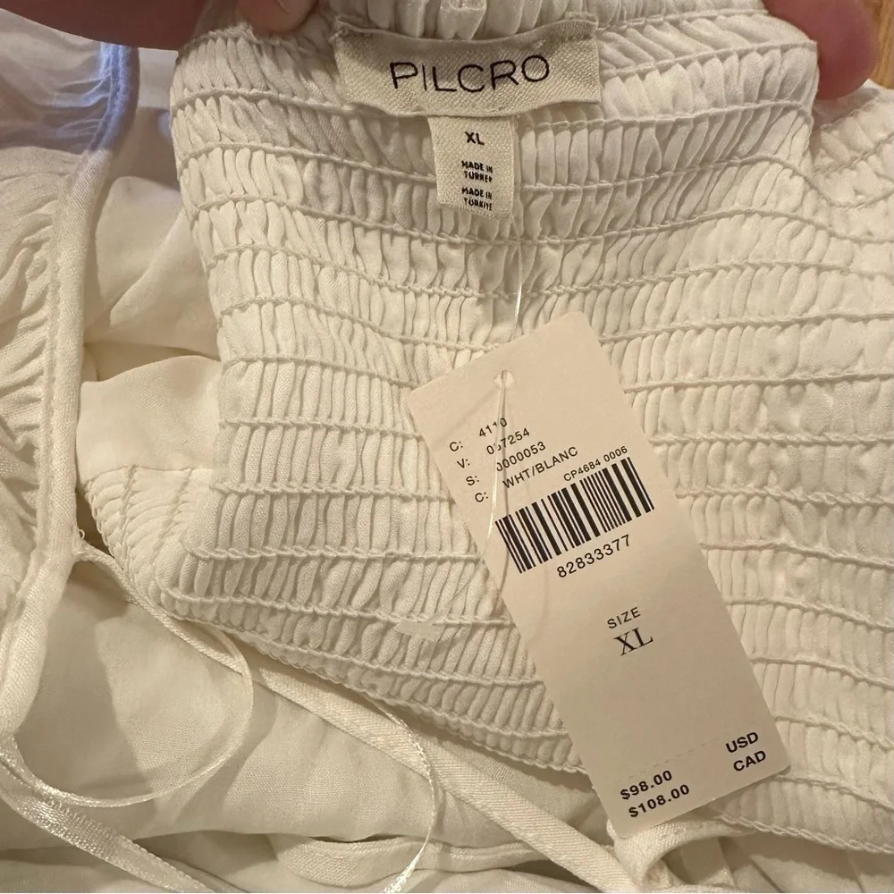 Anthropologie Pilcro Ruched Puff-Sleeve Top XL White Tie String Back New